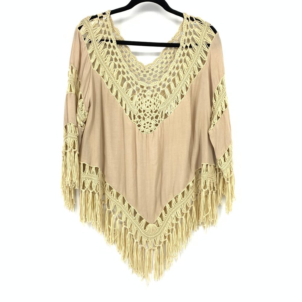Umgee Boho Crochet Fringe Top Womens Size Large Tan Cream Scoop Neck